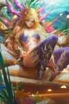  1girl armlet blonde_hair blue_eyes bracelet commentary_request extra_arms facial_mark fantasy forehead_mark gold gold_trim jewelry kali_(p&amp;d) long_hair looking_at_viewer puzzle_&amp;_dragons revealing_clothes sitting solo thighhighs youshun_(naturaljuice) 