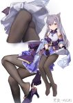  1girl absurdres bare_shoulders black_legwear feet genshin_impact gloves grey_hair hei_yan-m82a1 high_heels highres holding holding_shoes keqing long_hair looking_at_viewer purple_eyes purple_footwear purple_gloves shoes shoes_removed skirt skirt_lift 