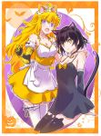  2girls ahoge animal_ears apron black_legwear blake_belladonna blonde_hair bow breasts cat_ears cat_tail highres iesupa large_breasts long_hair multiple_girls prosthesis prosthetic_arm purple_eyes rwby tail thighhighs wavy_hair white_legwear yang_xiao_long 