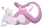  2020 ambiguous_gender delusaire felid feline fur hi_res legendary_pok&eacute;mon mammal mew mewtwo nintendo pink_body pink_fur pok&eacute;mon pok&eacute;mon_(species) purple_eyes semi-anthro side_view simple_background size_difference thick_tail thick_thighs video_games white_background 