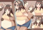  ambiguous_gender anthro blush bodily_fluids bottomwear breast_expansion breasts brown_background brown_body brown_eyes brown_fur brown_hair canid canine clothed clothing comic dewlap_(anatomy) duo embarrassed expansion female fur growth hair holding_object human human_to_anthro kemono kneeling light_skin long_hair mammal mask_transformation midriff overweight overweight_anthro overweight_female raccoon_dog roina shirt shorts simple_background species_transformation sweat sweatdrop tail_growth tanuki topwear transformation wardrobe_malfunction weight_gain whiskers yellow_clothing yellow_shirt yellow_topwear 