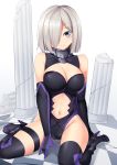  1girl alternate_costume black_gloves black_legwear black_leotard blue_eyes breasts clothing_cutout cosplay elbow_gloves fate/grand_order fate_(series) gloves hair_over_one_eye hamakaze_(kantai_collection) high_heels highres kantai_collection large_breasts leotard mash_kyrielight mash_kyrielight_(cosplay) navel navel_cutout short_hair silver_hair sitting solo thighhighs wariza yasume_yukito 