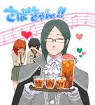  1girl 2boys bangs cape closed_eyes cravat crying cup drinking_glass eyebrows_visible_through_hair fate/grand_order fate_(series) formal fujimaru_ritsuka_(female) fujimaru_ritsuka_(male) fuyumizaka giving glasses hand_over_face happy_birthday heart incoming_drink long_sleeves multiple_boys musical_note official_alternate_costume parted_bangs phantom_of_the_opera_(fate/grand_order) smile translation_request tray upper_body white_background 