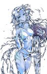  1girl aqua_eyes blue_skin breasts collarbone commentary elemental_(creature) english_commentary head_fins highres jar light_smile liquid_hair looking_at_viewer medium_breasts monster_girl monster_girl_encyclopedia navel pouring simple_background solo transparent undine_(monster_girl_encyclopedia) water white_background zakirsiz 