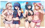  4girls absurdres artist_name beach bikini black_bikini black_hairband blonde_hair blue_eyes blue_hair blue_sky breasts byleth_(fire_emblem) byleth_(fire_emblem)_(female) cleavage closed_mouth cloud commission corrin_(fire_emblem) corrin_(fire_emblem)_(female) cup day drinking_straw fire_emblem fire_emblem:_three_houses fire_emblem_awakening fire_emblem_cipher fire_emblem_fates fire_emblem_heroes flower glass hair_flower hair_ornament hairband hat hat_flower highres holding holding_cup long_hair lucina_(fire_emblem) multiple_girls one_eye_closed outdoors parted_lips patdarux pointy_ears princess_zelda red_eyes sky smile super_smash_bros. swimsuit the_legend_of_zelda water white_hair wreath 