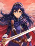  1girl blue_eyes blue_gloves blue_hair falchion_(fire_emblem) fingerless_gloves fire_emblem fire_emblem_awakening gloves haru_(nakajou-28) highres holding holding_sword holding_weapon long_hair long_sleeves lucina_(fire_emblem) open_mouth solo sword weapon 