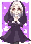  1girl absurdres black_dress black_legwear brown_eyes cross cross_necklace dress ghost glasses habit hands_together heart highres hirato_(kantai_collection) jewelry kantai_collection looking_at_viewer necklace nun pantyhose pista_land purple_background short_hair silver_hair sleeve_cuffs solo star_(symbol) 