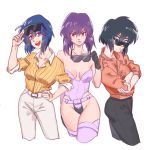  3girls bare_shoulders black_gloves black_hair black_pants blue_hair breasts breasts_apart collared_shirt cowboy_shot eyewear_on_head eyewear_removed ghost_in_the_shell ghost_in_the_shell_stand_alone_complex gloves hair_between_eyes hand_on_hip highleg highleg_leotard highres jinhongxiu97 kusanagi_motoko leotard medium_breasts multiple_girls pants purple_eyes purple_hair red_eyes shirt simple_background sleeves_rolled_up sunglasses thighhighs white_background white_eyes white_pants yellow_shirt 