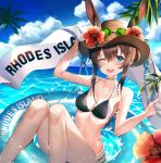  1girl ;d absurdres amiya_(arknights) animal_ears arknights arm_up bare_arms bare_shoulders bikini black_bikini blue_eyes breasts brown_hair brown_headwear bunny_ears choker cleavage cloud collarbone day ears_through_headwear eyewear_on_headwear flower hat hat_flower hibiscus highres innertube knees_up long_hair looking_at_viewer medium_breasts one_eye_closed open_mouth outdoors palm_tree refile sky smile solo stomach straw_hat string_bikini sunglasses swimsuit thighs tree water wet 