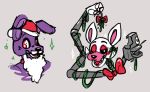  2014 2_heads ace-pyro ambiguous_gender animatronic anthro black_nose black_sclera bonnie_(fnaf) canid canine christmas duo eyeshadow facial_tuft five_nights_at_freddy&#039;s five_nights_at_freddy&#039;s_2 fox holding_object holidays lagomorph leporid lipstick machine makeup mammal mangle_(fnaf) multi_head open_mouth pawpads purple_body rabbit red_cheeks red_eyes robot video_games white_body white_eyes 
