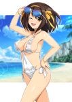  1girl absurdres bangs bare_shoulders beach blue_sky blurry blurry_background blush bracelet breasts brown_eyes brown_hair cleavage cloud cloudy_sky collarbone covered_navel day eyebrows_visible_through_hair hairband haruhisky highres jewelry looking_at_viewer medium_breasts nipples ocean one-piece_swimsuit one_eye_closed open_mouth outdoors palm_leaf see-through shiny shiny_hair shiny_skin short_hair sky smile solo sparkle sunglasses suzumiya_haruhi suzumiya_haruhi_no_yuuutsu swimsuit thighs water white_swimsuit 