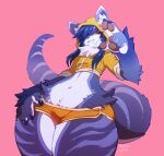  2016 anthro big_hands bottomwear clothing crop_top female hair hoodie long_hair low-angle_view navel pawpads paws pear-shaped_figure purple_body seel_kaiser shirt shorts small_waist solo striped_body stripes thick_arms thick_thighs topwear tsukiyo unknown_species wide_hips 