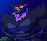  abs anthro black_body dark_background flammars glowing glowing_eyes haplorhine hi_res legendary_pok&eacute;mon male mammal monkey muscular muscular_anthro muscular_male nintendo pecs pink_scarf pok&eacute;mon pok&eacute;mon_(species) primate scarf solo teeth video_games yongdasom zarude 