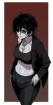  1girl black_bra black_eyes black_hair black_jacket black_pants border bra breasts closed_mouth cross cross_necklace gogalking gradient gradient_background grey_sclera grey_skin highres jacket jewelry large_breasts long_sleeves looking_at_viewer midriff navel necklace open_clothes open_jacket original pants red_background scar scar_across_eye short_hair solo toned underwear white_border 