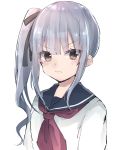  1girl alternate_costume blue_sailor_collar brown_eyes grey_hair highres kantai_collection kasumi_(kantai_collection) kayuma long_hair neckerchief red_neckwear sailor_collar school_uniform serafuku shirt side_ponytail simple_background solo upper_body white_background white_shirt 