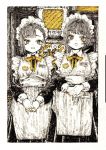  2girls apron bandaid bandaid_on_ear bandaid_on_finger bangs blunt_bangs border collared_dress eyebrows_visible_through_hair frilled_apron frills greyscale hands_together highres kitamurashu maid maid_apron maid_headdress monochrome multiple_girls open_mouth original short_hair spot_color traditional_media upper_body white_apron white_border yellow_nails yellow_neckwear 