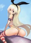  1girl ass black_hairband black_panties blonde_hair blue_background blue_eyes elbow_gloves gloves hairband highres johan_(johan13) kantai_collection long_hair panties partially_visible_vulva shimakaze_(kantai_collection) sitting solo straddling striped striped_legwear thighhighs thong underwear white_gloves 