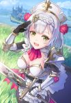  1girl armor armored_dress belt breasts castle flower gauntlets genshin_impact gotointhepark green_eyes hair_flower hair_ornament highres lake looking_at_viewer medium_breasts mountain noelle_(genshin_impact) open_mouth pauldrons salute short_hair shoulder_armor silver_hair solo sword weapon 
