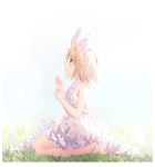  1girl absurdres barefoot blonde_hair blue_eyes bow bug butterfly butterfly_on_nose commentary day dress frilled_dress frills from_side full_body grass hair_bow highres hmniao insect kagamine_rin outdoors parted_lips seiza short_hair sitting sleeveless sleeveless_dress solo sundress vocaloid white_bow white_butterfly white_dress 