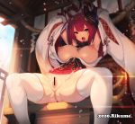  1girl 2020 animal_ears armpits arms_behind_head artist_name azur_lane bangs bar_censor bare_shoulders box breasts breasts_apart breasts_outside censored chiyoda_(azur_lane) cleavage_cutout clothing_cutout detached_sleeves donation_box dress dress_lift fox_ears fox_mask highres japanese_clothes large_breasts long_hair long_sleeves looking_at_viewer mask mask_on_head miko nipples no_panties obi open_mouth pleated_skirt pussy red_eyes red_hair rikume sash shiny shiny_skin signature sitting skirt solo spread_legs tears thick_thighs thighhighs thighs white_legwear wide_sleeves 