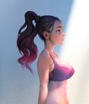  1girl absurdres aqua_eyes black_hair bo_xun_lin bra breasts cleavage earrings gradient_hair highres jewelry key key_earrings large_breasts multicolored_hair original parted_lips ponytail profile purple_bra red_hair solo sweat underwear underwear_only upper_body 