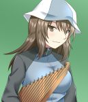  1girl beni_(bluebluesky) blush brown_eyes brown_hair girls_und_panzer green_bag hat highres instrument kantele keizoku_military_uniform long_hair looking_at_viewer mika_(girls_und_panzer) smile solo upper_body 