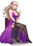  1girl black_hairband breasts chair choker cleavage closed_mouth corrin_(fire_emblem) corrin_(fire_emblem)_(female) dress fire_emblem fire_emblem_fates hairband high_heels highres long_hair pointy_ears purple_dress red_eyes simple_background solo spiffydc white_background white_hair 
