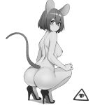  1girl animal_ears ass back bangs breasts closed_mouth donburikazoku from_behind greyscale high_heels highres looking_at_viewer looking_back medium_breasts monochrome mouse_ears mouse_tail nazrin nipples nude short_hair shoulder_blades simple_background solo squatting tail touhou white_background 