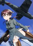 1girl a9b_(louis814) absurdres aircraft airplane animal_ears bangs black_neckwear black_ribbon blue_sky brown_eyes brown_hair closed_mouth cloud cloudy_sky commentary_request day drum_magazine flying gertrud_barkhorn grey_jacket gun hair_ribbon highres holding holding_gun holding_weapon jacket long_sleeves looking_at_viewer low_twintails machine_gun medium_hair mg42 military military_uniform neck_ribbon no_pants outdoors panties ribbon sky smile solo strike_witches striker_unit twintails underwear uniform vehicle_request weapon white_panties world_witches_series 