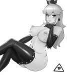  1girl ass bangs bare_shoulders black_gloves breasts collar collarbone crossed_legs crown donburikazoku earrings elbow_gloves eye_symbol gloves greyscale hand_on_own_chest hand_up highres jewelry large_breasts long_hair looking_at_viewer mario_(series) monochrome navel nipple_piercing nipples piercing princess_peach smile solo spiked_collar spikes thighhighs thighs white_background 