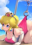  1girl :o all_fours armpit_crease ass bangs bare_legs bare_shoulders bdsm beach blonde_hair blue_eyes blue_sky blush breasts cleavage cloud competition_swimsuit crown cuffs day earrings elbow_gloves gloves handcuffs highres jewelry kashu_(hizake) large_breasts long_hair mario_(series) ocean one-piece_swimsuit outdoors parted_lips pink_swimsuit ponytail princess_peach restrained sand sidelocks sky solo strap_gap swimsuit thighs water white_gloves 