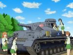  5girls akiyama_yukari anglerfish artist_request black_eyes black_hair breasts brown_eyes brown_hair carrying caterpillar_tracks commentary_request day emblem forest girls_und_panzer ground_vehicle holding isuzu_hana long_hair military military_vehicle motor_vehicle multiple_girls nature nishizumi_miho ooarai_(emblem) ooarai_school_uniform orange_hair panzerkampfwagen_iv reizei_mako school_uniform shirt short_hair skirt sky smile takebe_saori tank tank_shell tree 