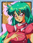  1990s_(style) 1girl armpit_peek ciela_lapana commentary green_hair hand_on_own_chest highres looking_at_viewer open_mouth orange_eyes potiri02 seisenshi_dunbine smile solo 