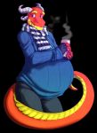  anthro belly beverage blue_eyes clothing coffee dragon fingerless_gloves gloves handwear hi_res horn inflation male red_body scarf smile solo story story_in_description sweater the-narutoshi topwear yellow_body 