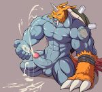  5_fingers abs anthro balls biceps biped blue_eyes digimon digimon_(species) digital_media_(artwork) ejaculation fingers genitals grey_body grey_skin horn humanoid_genitalia humanoid_hands humanoid_penis male muscular muscular_anthro muscular_male muscular_thighs nuroi orange_tail pecs penis shell solo turtle_shell tusks veiny_muscles zudomon 