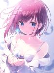  1girl absurdres arimura_romi bare_shoulders blue_eyes bra breasts einstein_yori_ai_wo_komete feathers highres holding kimishima_ao labcoat long_sleeves looking_at_viewer red_hair robot short_hair simple_background small_breasts smile solo underwear white_bra 