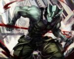  abs animal_humanoid antennae_(anatomy) athletic athletic_male biceps blood blood_blockade_battlefront blue_body blue_skin bodily_fluids bottomwear city clothed clothing dai-xt. fin humanoid male marine marine_humanoid melee_weapon membrane_(anatomy) muscular muscular_male pants pecs polearm skinsuit solo tight_clothing triceps trident weapon webbed_hands zed_o&#039;brien 