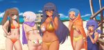  ass beach bikini black_hair blue_hair blush breasts brown_hair cape cleavage clouds dark_skin food gray_hair green_eyes group ice_cream kuroonehalf long_hair original ponytail school_swimsuit short_hair sky swimsuit towel water watermark yellow_eyes 