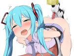  1girl abmayo anal anal_beads anal_object_insertion aqua_hair arms_behind_back ass bangs bare_shoulders bdsm blush bondage bound breasts commentary_request double_penetration eyebrows_visible_through_hair half-closed_eyes hatsune_miku long_hair medium_breasts necktie object_insertion open_mouth restrained saliva sex_machine sex_toy shirt simple_background skirt sleeveless solo stationary_restraints tied_up torogao trembling twintails vaginal vaginal_object_insertion very_long_hair vocaloid white_background 