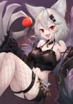  1girl alter_ego_malevolent_(granblue_fantasy) animal_ears apple armpits bangs black_jacket black_panties black_skirt blush breasts claw_(weapon) claws cleavage collar commentary_request cosplay crop_top earrings erune fangs fishnet_legwear fishnets food fruit fur-trimmed_jacket fur_trim granblue_fantasy grey_hair hair_between_eyes highres jacket jewelry large_breasts long_sleeves looking_at_viewer midriff miniskirt navel open_mouth panties pantyshot red_eyes sen_(granblue_fantasy) single_leg_pantyhose skirt smile solo thighs tongue tongue_out underwear uneg weapon 