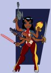  5_fingers 6_arms alien alternate_species assault_rifle black_eyes black_hair breasts clothed clothing cutlass disney experiment_(lilo_and_stitch) fan_character female fingers footwear grin gun hair hi_res high_heels humanoid lightsaber lilo_and_stitch lilo_pelekai lilo_pelekai_(experiment) medium_breasts melee_weapon multi_arm multi_limb multi_wielding plasma_blaster plasma_gun ranged_weapon raygun rifle shoes simple_background smile solo standing star_wars sword unknown_artist weapon 