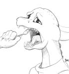  absurd_res ambiguous_gender anthro broken_teeth claws clothing dentist dentist_tool doctor dragon hi_res horn monochrome open_mouth scared simple_background solo teeth threepaws tongue 