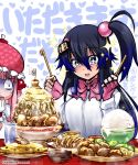  +_+ 2girls bangs black_hair blue_eyes blush bombergirl bombergirl573 bow bowl breasts gloves hair_ornament highres kuro_(bombergirl) large_breasts long_hair looking_at_viewer momoko_(bombergirl) multiple_girls one_side_up open_mouth pink_hair rice_bowl simple_background 