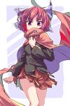  1girl black_shirt blue_background blue_bow border bow cape eyebrows_visible_through_hair hair_bow hidden_mouth holding holding_cape isu_(is88) long_sleeves looking_at_viewer red_cape red_eyes red_hair red_skirt ribbon-trimmed_bow ribbon-trimmed_shirt sekibanki shirt short_hair skirt solo touhou white_border 