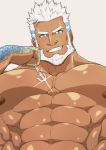  1boy abs aegir_(tokyo_houkago_summoners) bara bare_chest beard blue_eyes chest close-up dark_skin dark_skinned_male elbow_rest face facial_hair fins giant giant_male jewelry looking_at_viewer male_focus manly mikura0317 muscle navel nipples short_hair single_earring smile tokyo_houkago_summoners white_hair 