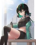  1girl ahoge black_hair black_legwear black_shirt black_shorts cellphone colored_inner_hair crop_top crop_top_overhang green_eyes green_hair hair_between_eyes highres jewelry knee_up legs looking_at_viewer midriff multicolored_hair navel necklace nijisanji nijisanji_kr nyaa28 off-shoulder_shirt off_shoulder open_clothes phone shin_yuya shirt short_shorts shorts smile streaked_hair thighhighs thighs virtual_youtuber 