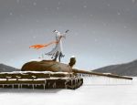  1girl animal_ears arknights artist_request bunny_ears commentary_request frostnova_(arknights) grey_hair ground_vehicle long_hair military military_vehicle motor_vehicle mountain night scarf sky snow snowing t-62 tank 