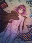  1boy artist_name bangs black_cape cape card character_name checkered checkered_floor checkered_scarf collarbone commentary_request danganronpa dated ewa_(seraphhuiyu) flag from_above gun hair_between_eyes happy_birthday highres jacket key long_sleeves looking_at_viewer lying male_focus new_danganronpa_v3 on_back on_bed open_mouth ouma_kokichi pants parted_lips playing_card purple_eyes purple_hair scarf scarf_removed shirt short_hair skull_print solo straitjacket teeth weapon white_pants 