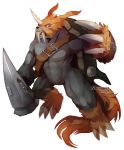  2020 abs alpha_channel anthro biped digimon digimon_(species) fur grey_body grey_skin holding_hammer horn humanoid_hands male muscular muscular_anthro muscular_male orange_body orange_fur pecs shell steeleh turtle_shell tusks zudomon 