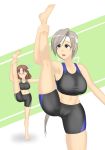  2girls alternate_costume breasts brown_hair cameltoe chibiosaka chitose_(kantai_collection) chiyoda_(kantai_collection) grey_eyes grey_hair hair_ribbon headband highres kantai_collection large_breasts long_hair multiple_girls navel ribbon simple_background split sportswear standing standing_on_one_leg standing_split sweat 